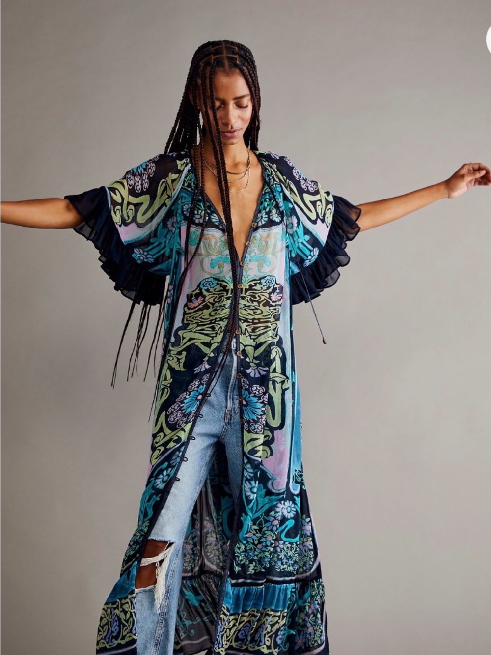 Free People Sheer Boho Kimono Cover-Up in Teal, Black & Lime